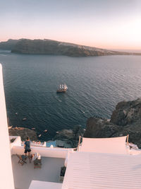 High angle view of sea against sky during sunset