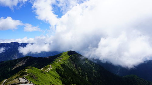 Panoramic view of mountain range against cloudy sky