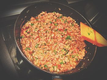 High angle view of meat in container