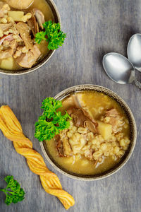 High angle view of soup in bowl on table