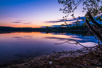 Scenic view of lake against sky at sunset