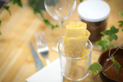 High angle view of ice cream in glass on table