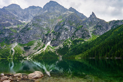 Mountains range near beautiful lake. tatra national park in poland. morskie oko or sea eye lake