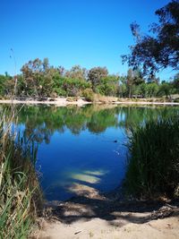Scenic view of lake against clear blue sky
