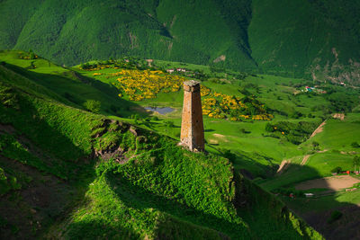 Ancient chechen towers in the caucasus mountains