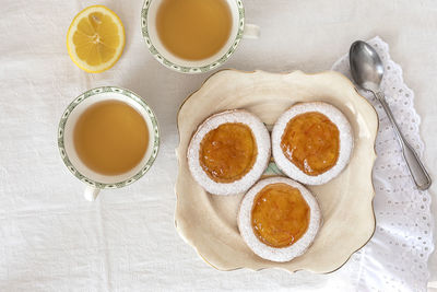 High angle view of breakfast on table