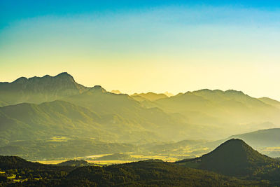 Scenic view of mountains against sky during sunset