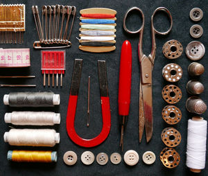 Directly above shot of sewing kit arranged on table