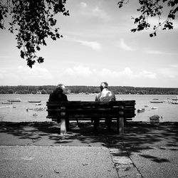 Calm lake with trees in background