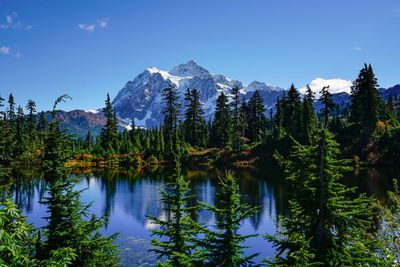 Scenic view of lake and snowcapped mountains against blue sky