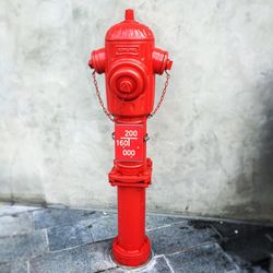 Red fire hydrant by water
