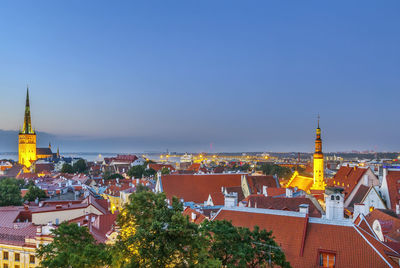 High angle view of townscape against sky in city