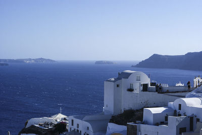 High angle view of sea against blue sky