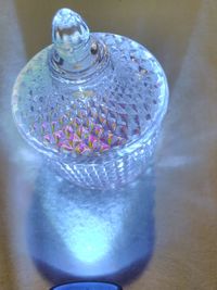 High angle view of water in glass bottle on table