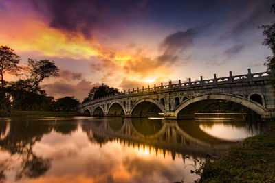 Arch bridge over river against sky during sunset