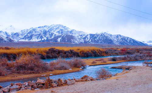 Scenic view of snowcapped mountains against sky