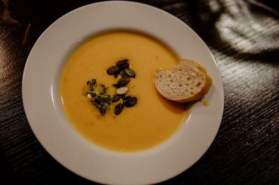 High angle view of soup in bowl on table
