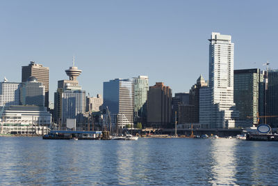 City at waterfront against cloudy sky