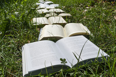 High angle view of open book on field