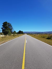 Road by trees against clear blue sky