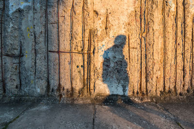 Shadow of man on damaged wall