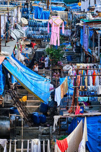 Mahalaxmi dhobi ghat is open air laundromat lavoir in mumbai, india with laundry dry on ropes