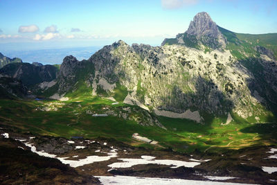 Scenic view of mountains and sea against sky