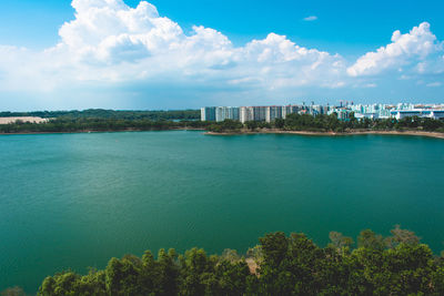 Scenic view of sea against sky in city