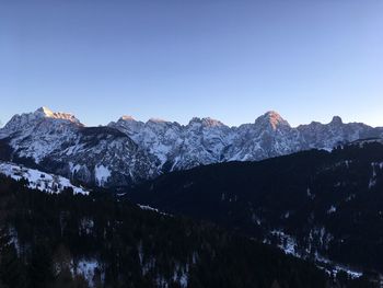 Scenic view of snowcapped mountains against clear sky