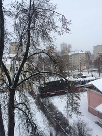 Bare trees by snow covered buildings against sky