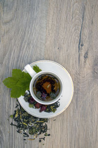 High angle view of tea served on table