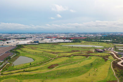 High angle view of cityscape against sky