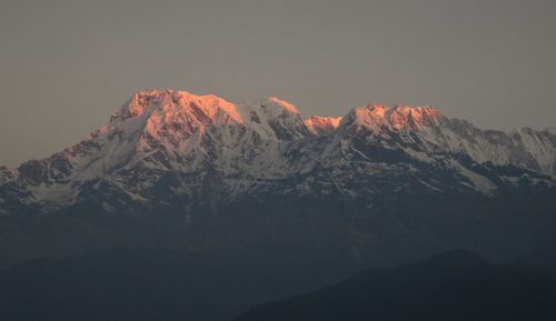 Scenic view of snowcapped mountains against clear sky
