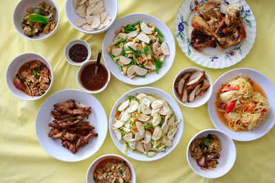 High angle view of meal served on table