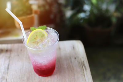 High angle view of drink on wooden table