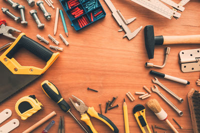 High angle view of work tools on table