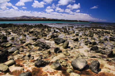 Rocks on beach against sky