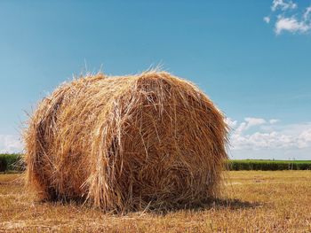 Hay bales on field against sky