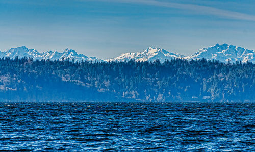 Scenic view of sea by snowcapped mountain against sky