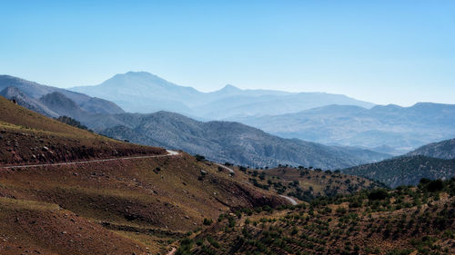 Scenic view of mountains against clear blue sky