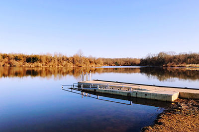 Scenic view of lake dock against clear blue sky