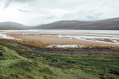 Scenic view of beach against cloudy sky