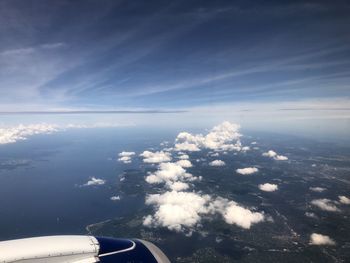 Aerial view of aircraft wing against sky