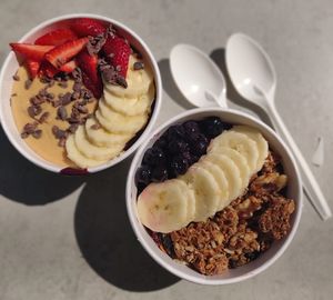 High angle view of breakfast served on table