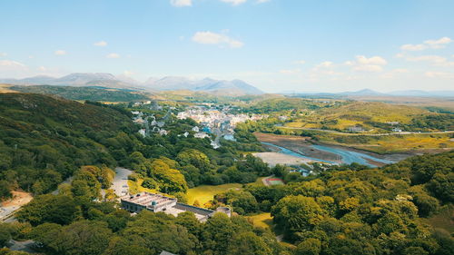 High angle view of trees on landscape against sky