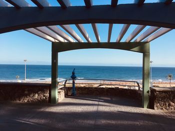 Rear view of man on beach against sky