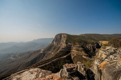 Scenic view of mountains against clear sky