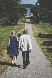 Rear view of people walking on walkway