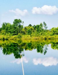Reflection of trees in lake against sky