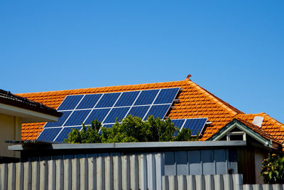 Low angle view of roof of building against blue sky